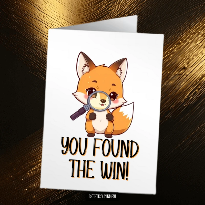 Funny Free Printable Congrats Card: A curious fox uses a magnifying glass to examine a small, mysterious glowing object. Humorous downloadable.