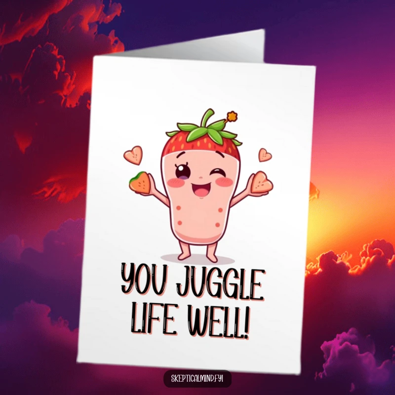 Funny Free Printable Congratulations Card: Smiling strawberry smoothie character juggling fruit, celebrating a win with zest and humor.