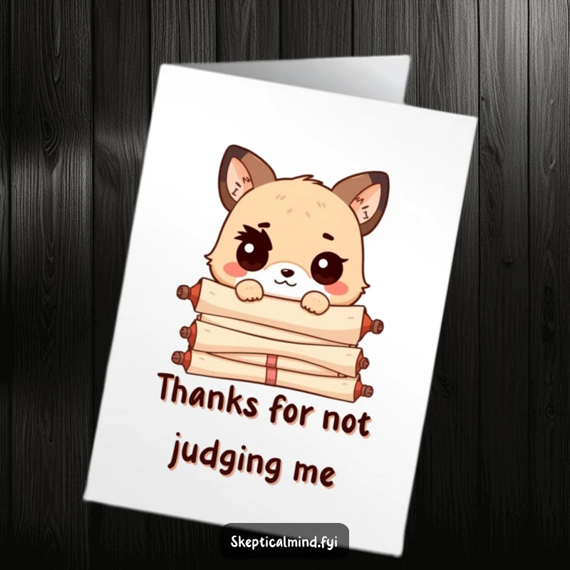 Funny Free Printable Thank You Card: Kawaii animal with one eyebrow raised, peeking over scrolls, with a thank you message.