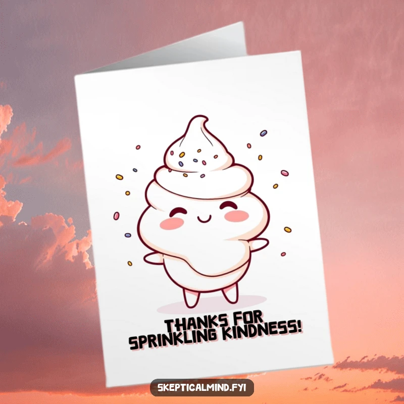Funny Free Printable Thank You Card: A smiling sour cream character joyfully juggles tiny sprinkles, expressing thanks.