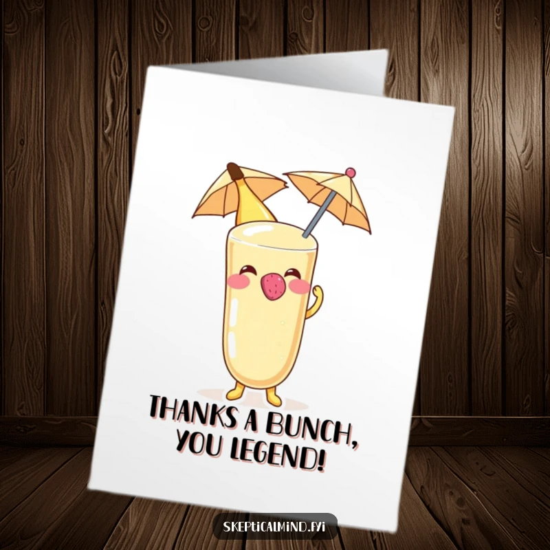 Funny Free Printable Thank You Card: Banana smoothie character blowing raspberry on umbrella, a humorous downloadable card to show appreciation.
