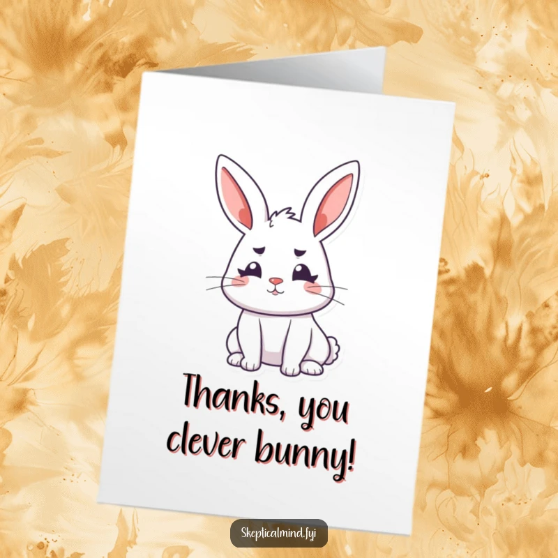 Funny Free Printable Thank You Card: A perky bunny with furrowed eyebrows contemplates the meaning of thanks.