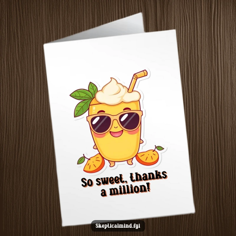 Funny Free Printable Thank You Card: Delighted mango smoothie character wearing oversized sunglasses and a grin, a cool downloadable thank you.