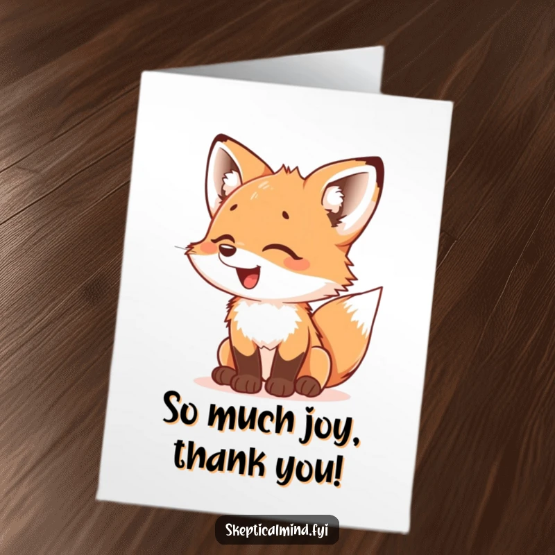 Funny Free Printable Thank You Card: A giggling fox cub gazing with bewildered and utter delight, perfect for expressing thanks.