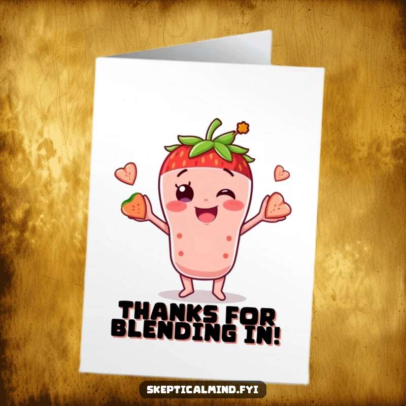 Funny Free Printable Thank You Card: Smiling strawberry smoothie character juggling fruit, a sweet and comical thank you note.