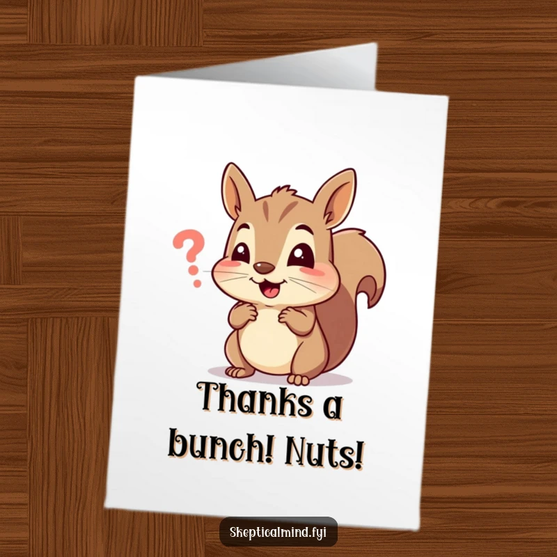 Funny free printable thank you card with a cheerful squirrel squinting, trying to understand the mystery behind a tiny symbol.
