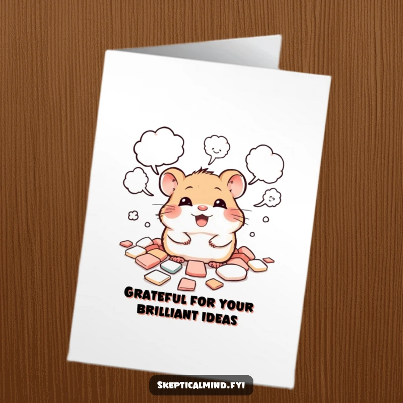 Funny Free Printable Thank You Card: A giggling hamster peeks from thought bubbles, contemplating thanks.