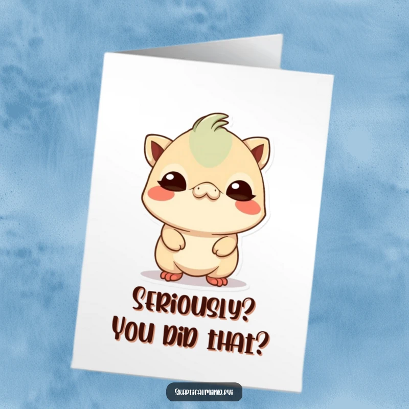 Funny Free Printable Thank You Card: Kawaii creature tilting head, comically skeptical expression, questioning your gratitude.