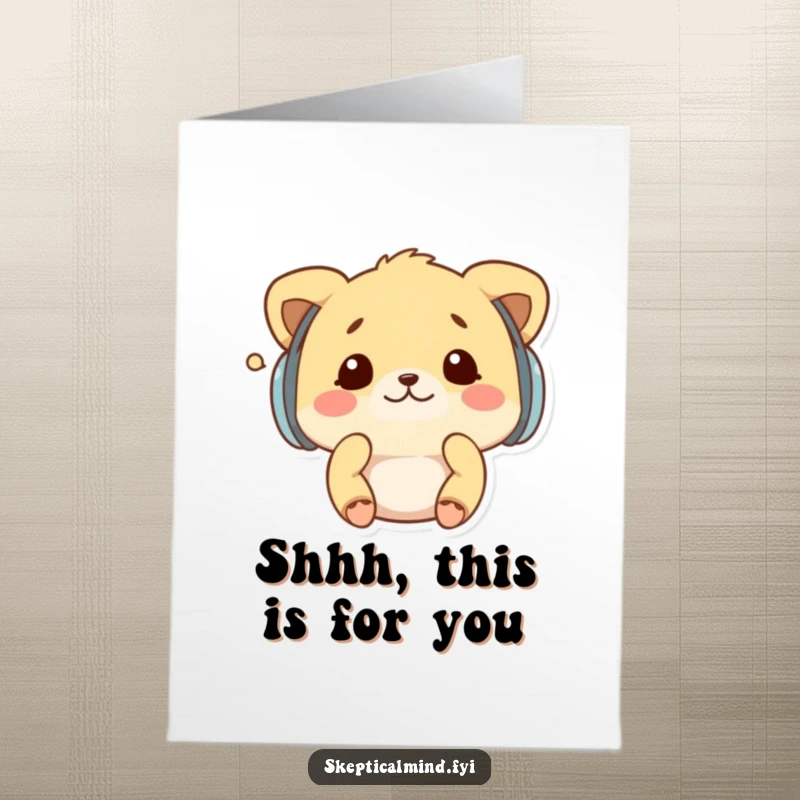 Funny Free Printable Thank You Card: Kawaii animal wearing earmuffs, shaking head from whispers, a humorous thank you.