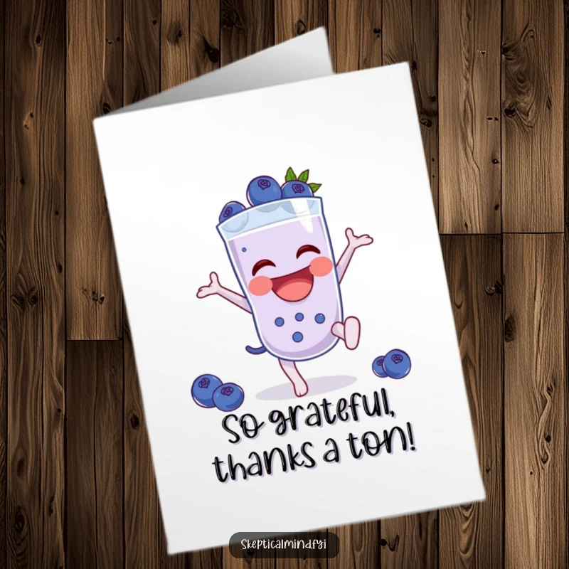 Funny Free Printable Thank You Card: Laughing blueberry smoothie character doing a cartwheel, a vibrant and downloadable thank you.