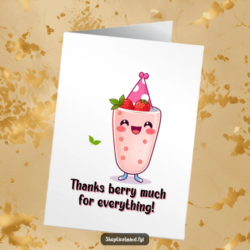 Funny Free Printable Thank You Card: A joyful berry smoothie character wears a tiny party hat, sending thanks.