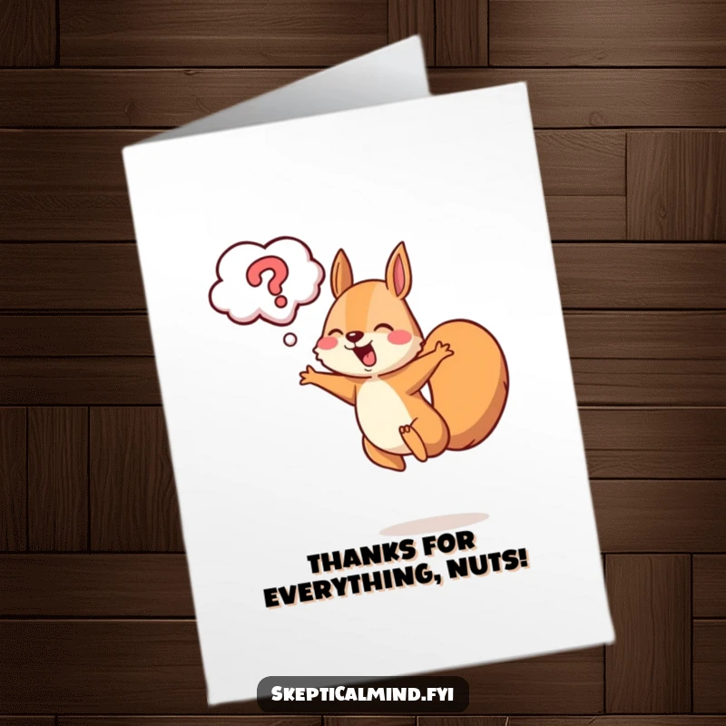 Funny Free Printable Thank You Card: A cheerful squirrel leaps with glee, a question mark hinting at joyful thoughts.
