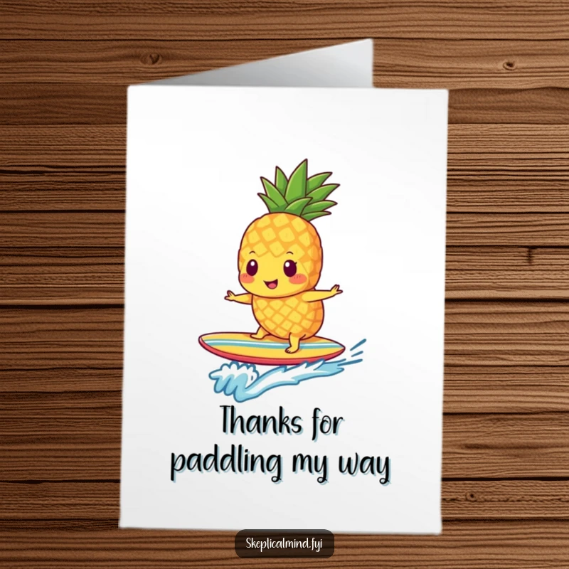 Funny Free Printable Thank You Card: A smiling pineapple smoothie character surfs a wave, offering thanks.