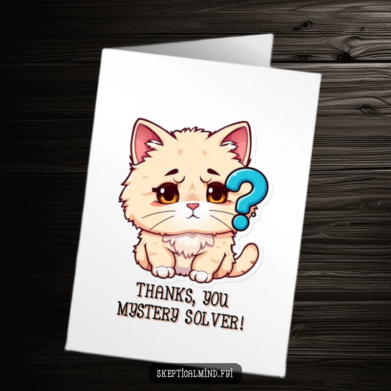 Funny Free Printable Thank You Card: A fluffy cat with a puzzled look examines a question mark, contemplating the kindness received.