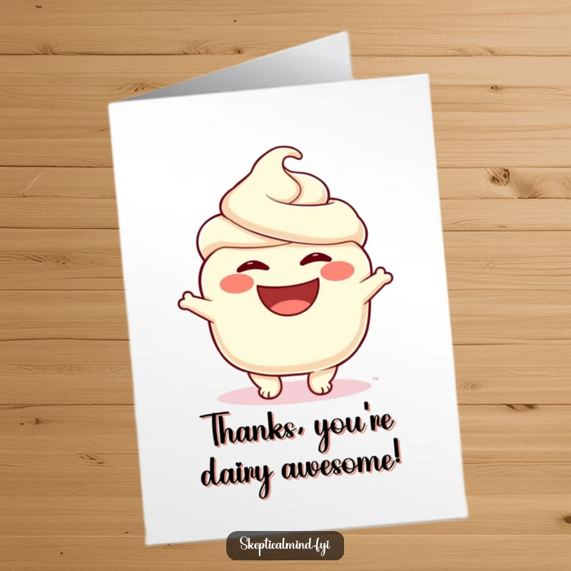 Funny Free Printable Thank You Card: A sour cream character displays a huge, happy smile, symbolizing genuine thanks.