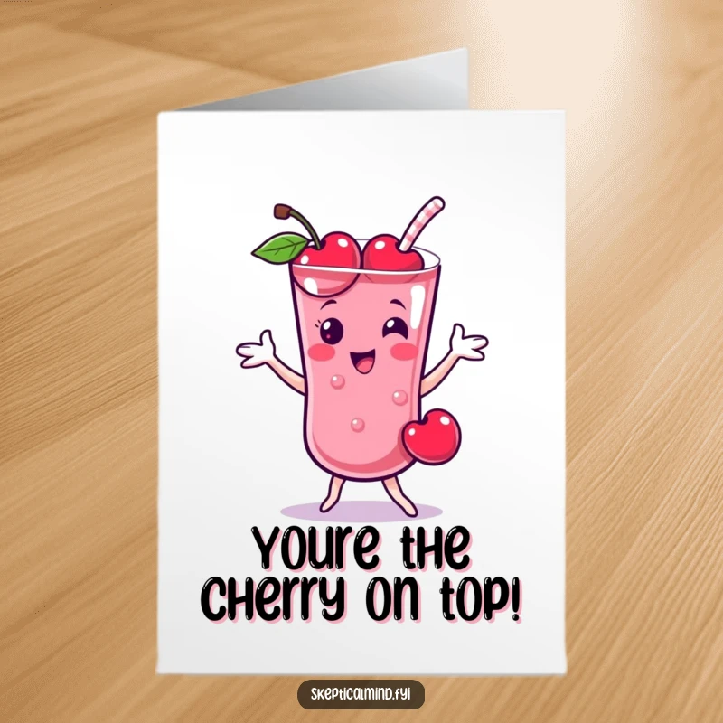 Funny Free Printable Thank You Card: Cheerful cherry smoothie character doing a playful dance, a fun and downloadable way to say thanks.