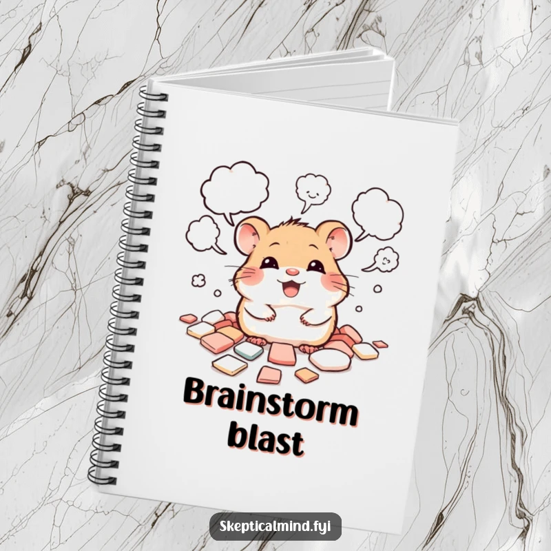Funny notebook with a giggling hamster peeking from scattered thought bubbles, ideal for capturing ideas.