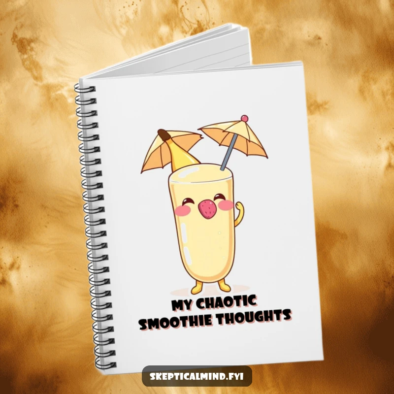 Funny Banana smoothie character blowing a raspberry on a tiny umbrella, featured on the cover of a notebook.
