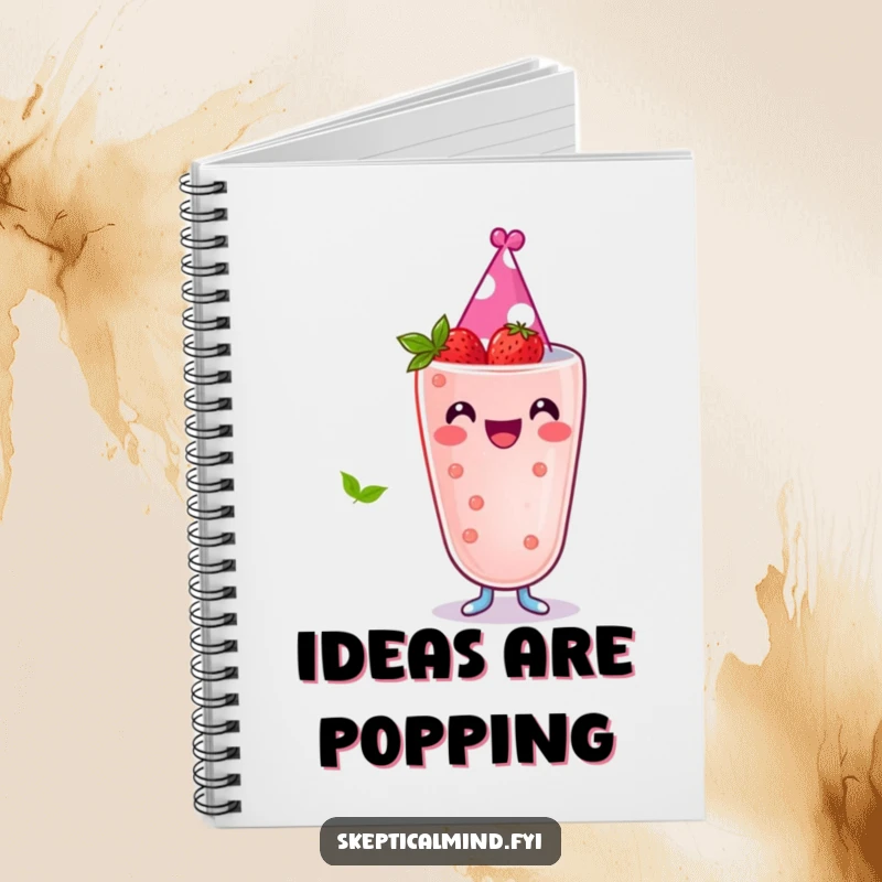 Funny notebook cover with a joyful berry smoothie character wearing a tiny party hat, designed for festive planning and note-taking.