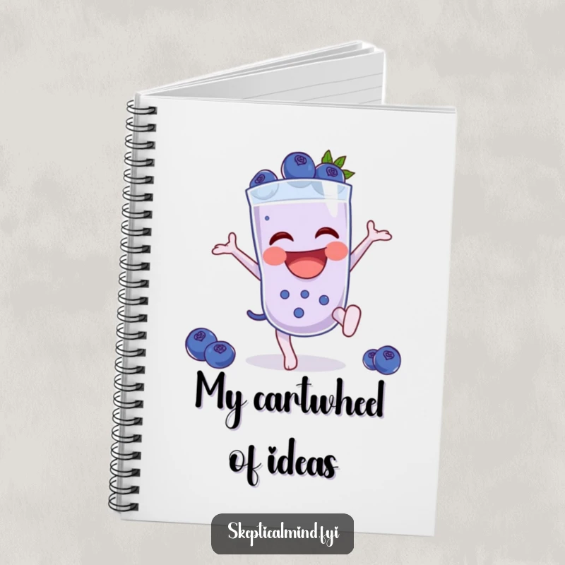 Funny Blueberry smoothie character mid-cartwheel on the cover of this energetic and funny notebook.