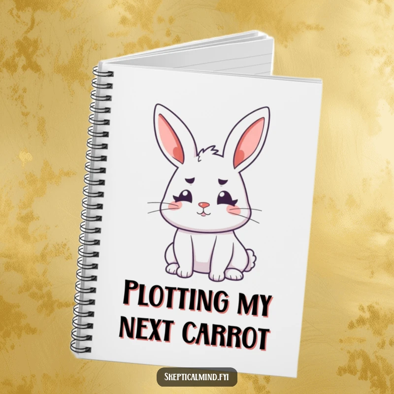 Funny bunny notebook featuring a perky rabbit with ears perked and furrowed brows, perfect for jotting down ideas.