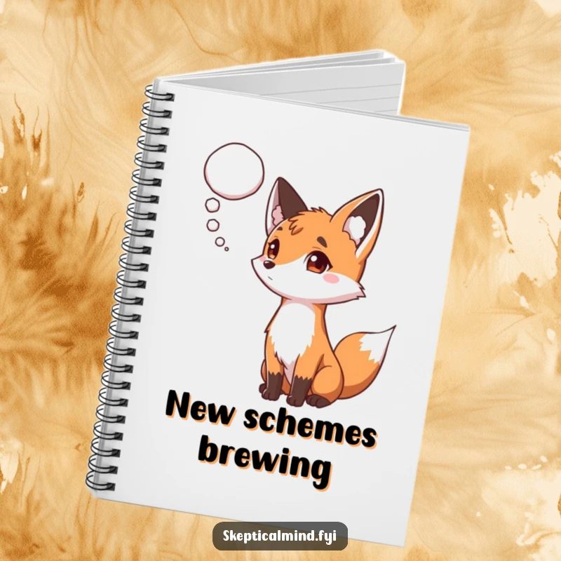 Funny notebook cover: A curious fox with a raised eyebrow, watching a thought bubble appear above its head, ready to capture ideas.