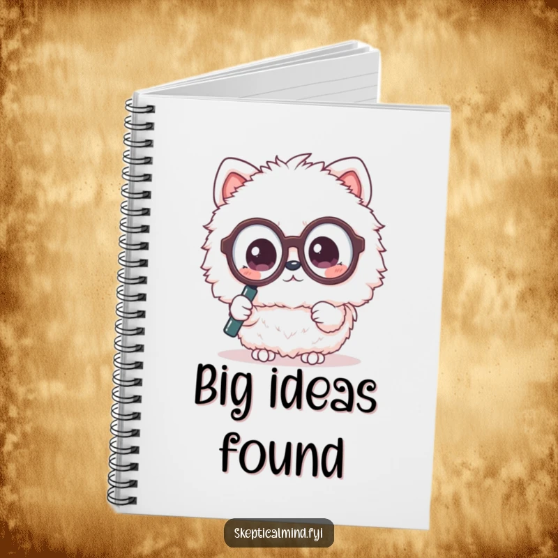 Funny notebook featuring a fluffy Kawaii animal with large glasses, using a magnifying glass with a puzzled look. Perfect for notes.