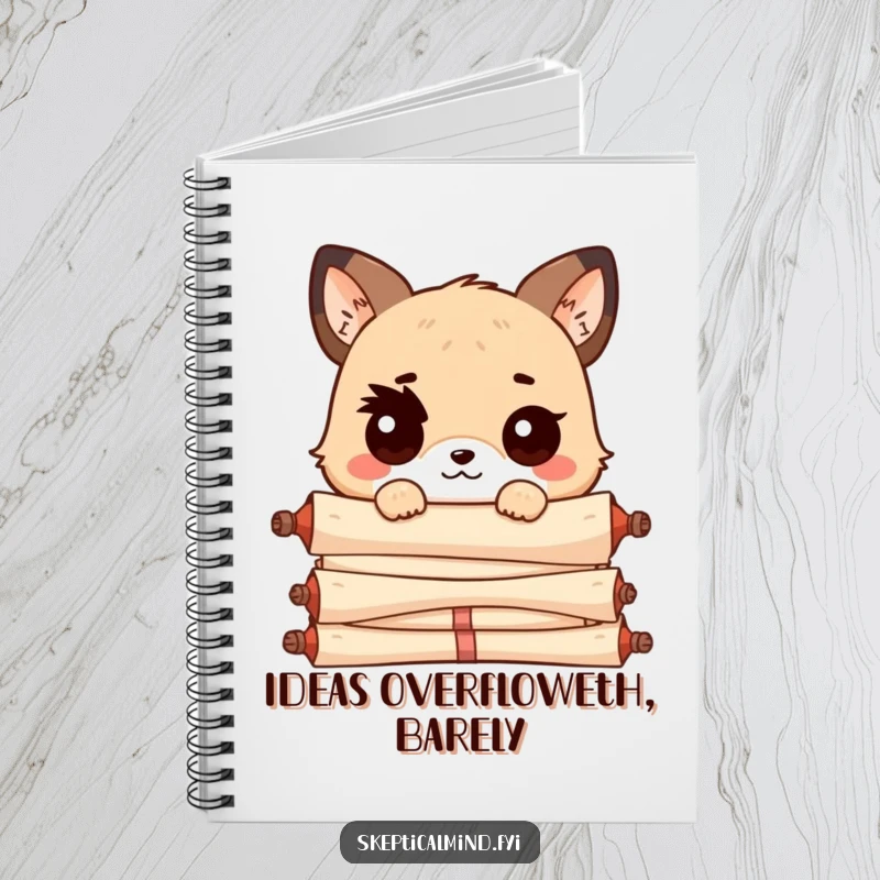 Funny Kawaii animal with a raised eyebrow, peeking over a stack of scrolls, perfect for writing notes or sketching with a humorous, observant companion.