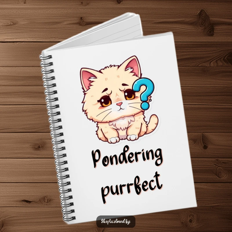 Funny notebook cover: A fluffy cat with a quizzical expression, observing a large question mark icon, ready to record thoughts.