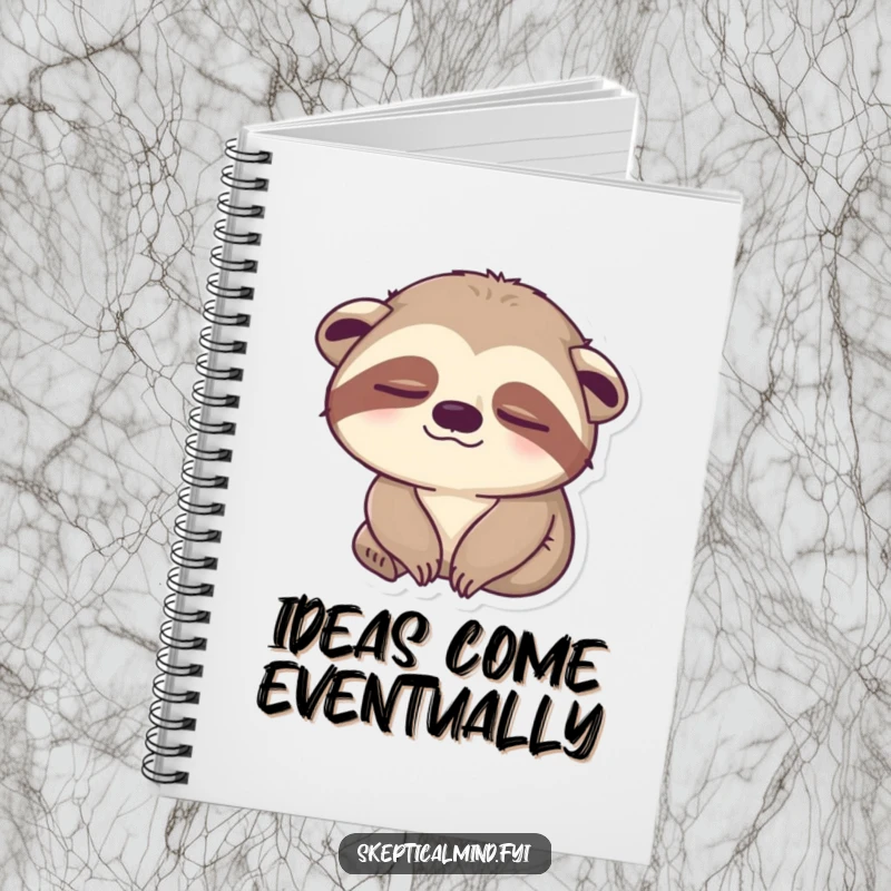 Funny sloth notebook featuring a sleepy sloth slowly blinking one eye with an unimpressed, humorous expression, ideal for jotting down slow thoughts.
