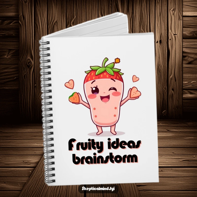Funny notebook with a smiling smoothie character juggling fruit pieces, perfect for jotting down ideas and healthy recipes.