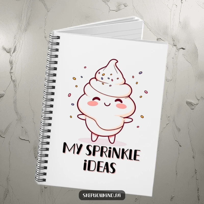 Funny notebook with a smiling sour cream character juggling tiny sprinkles, symbolizing the recording of humorous sweet ideas.