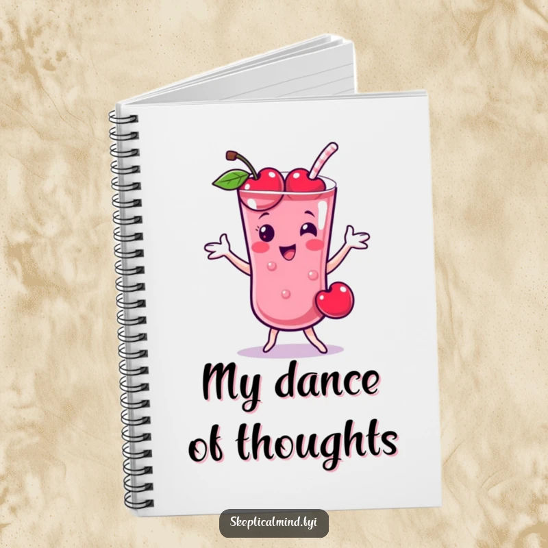 Funny Cherry smoothie character mid-dance on the cover of this cheerful and funny notebook.