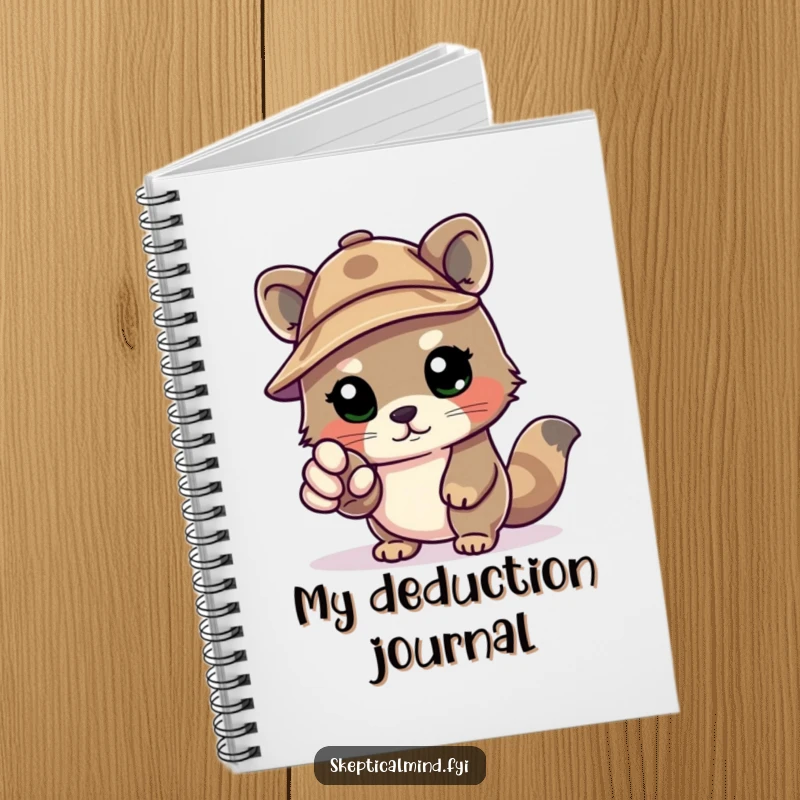 Funny Kawaii animal in a deerstalker hat, pointing an accusatory paw, printed on a notebook for noting down all your important findings.