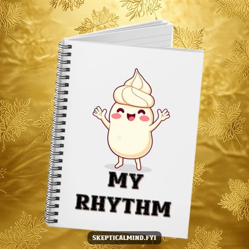 Funny notebook cover shows a sour cream character dancing joyfully with tiny arms waving, inspiring creativity and happy ideas.