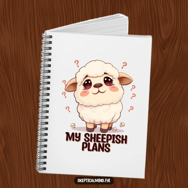 Funny sheep notebook with a fluffy sheep having a furrowed brow surrounded by tiny doubts, ideal for journaling thoughts.