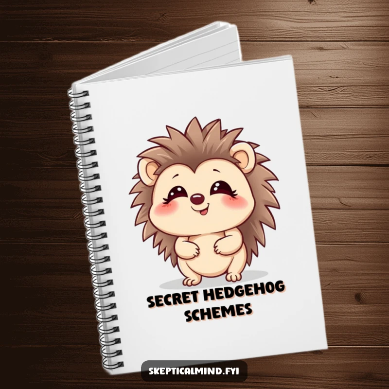 Funny hedgehog notebook showing a giggling character looking up with a playful glint, great for journaling.