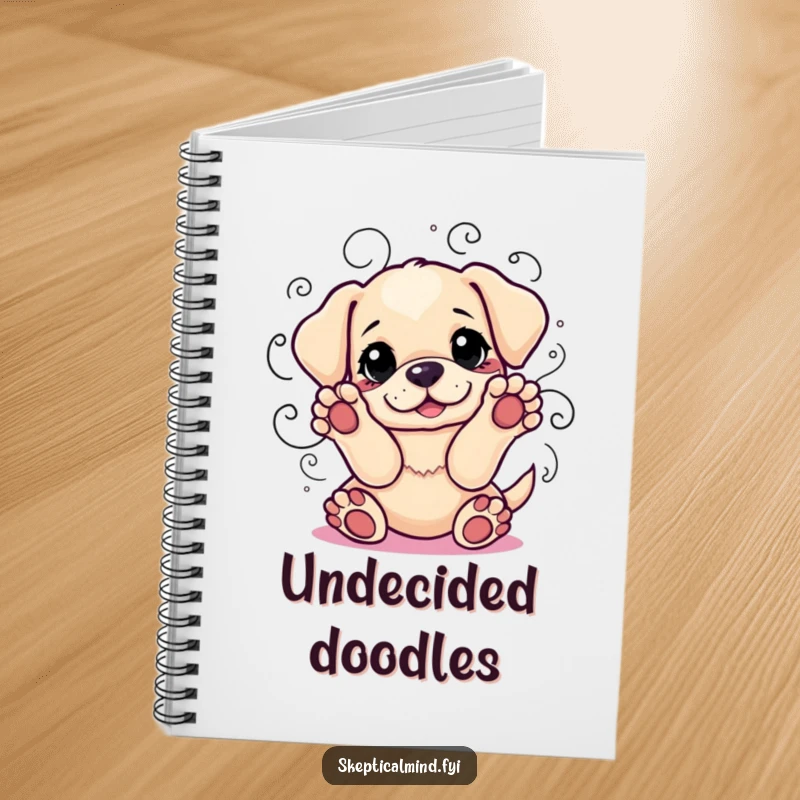 Funny notebook cover: A playful puppy with paws up, surrounded by swirling lines of indecision, ready to record thoughts.