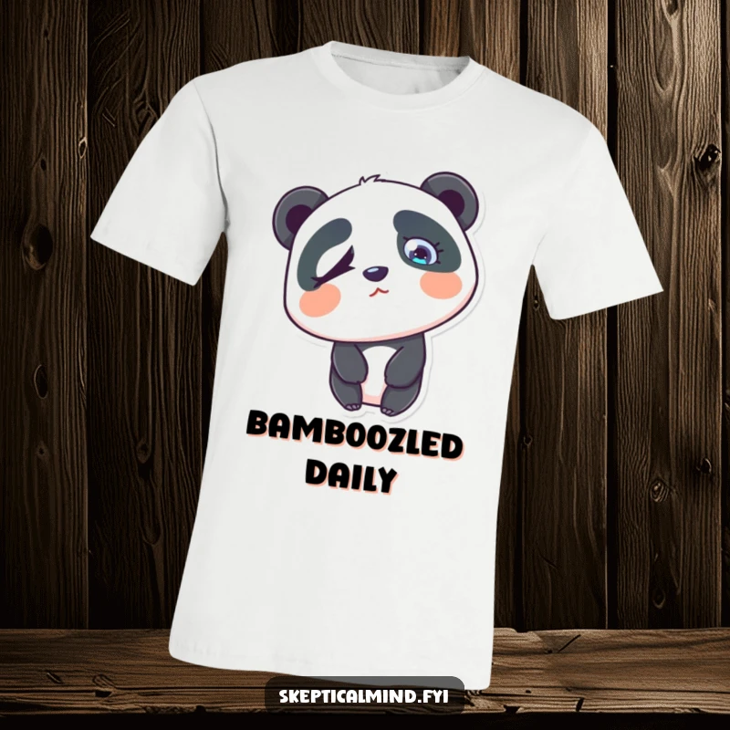 Funny confused panda t-shirt featuring a panda tilting its head with one eyebrow raised in confusion.