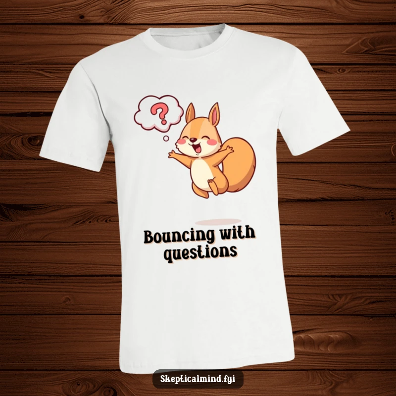 Funny squirrel t-shirt depicting a cheerful squirrel leaping with a question mark cloud overhead, symbolizing curiosity.