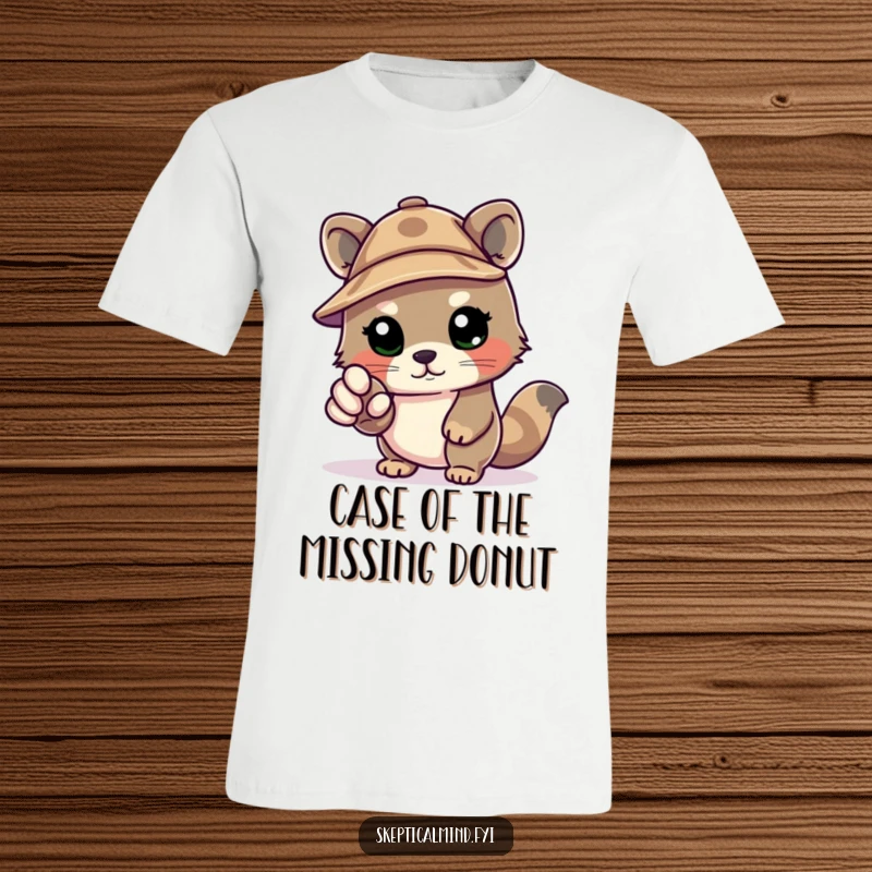 Funny Kawaii animal in a deerstalker hat, pointing an accusatory paw, making this t-shirt a playful piece of detective-themed apparel.