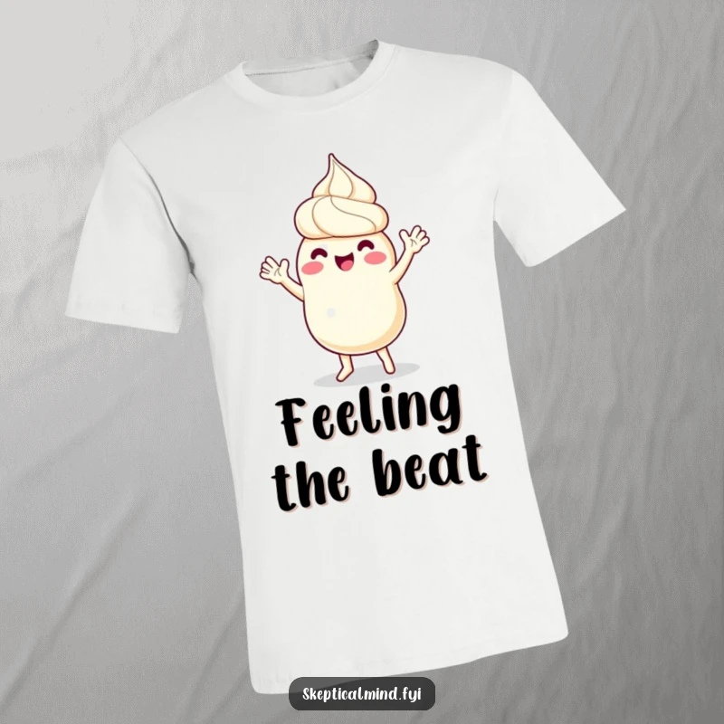 Funny t-shirt design of a sour cream character in a joyful dance pose, with tiny arms waving energetically, embodying pure celebration.