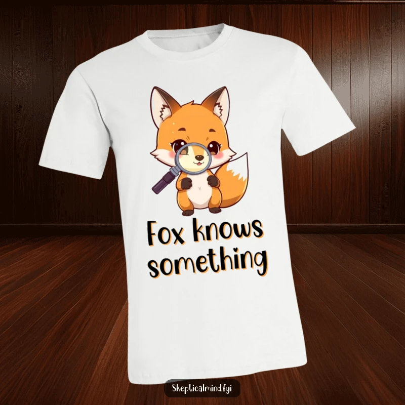 Funny T-Shirt depicting a curious fox character using a magnifying glass to inspect a tiny, faintly glowing object, suggesting discovery.