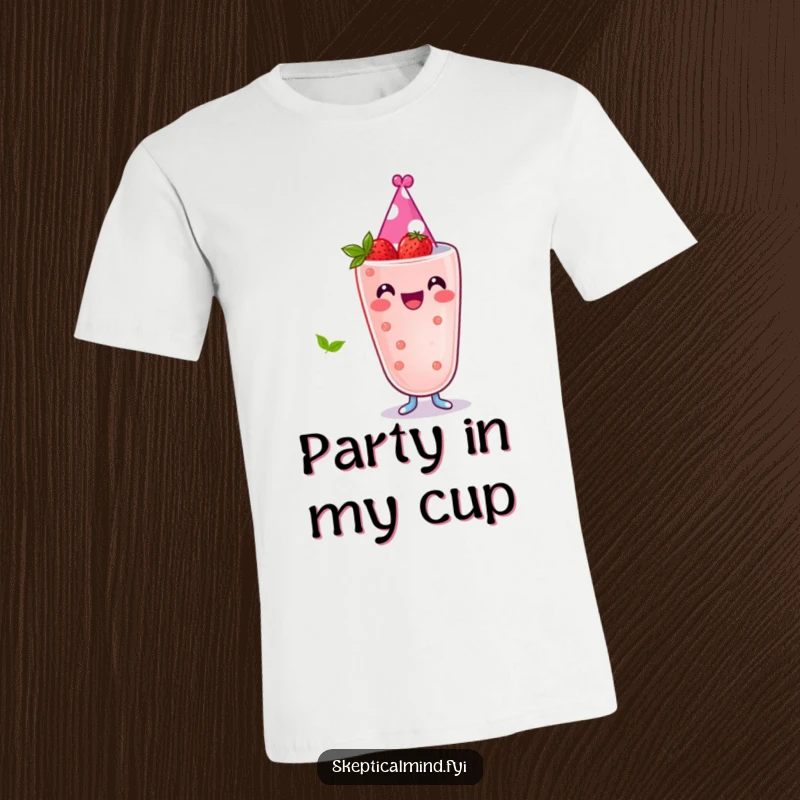 Funny t-shirt featuring a joyful berry smoothie character wearing a small party hat, symbolizing celebration and happiness.
