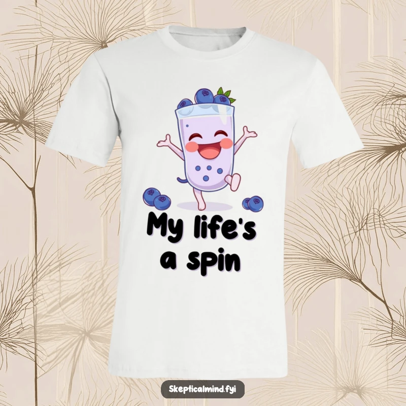 Funny Blueberry smoothie character is captured mid-cartwheel on this humorous and energetic t-shirt.