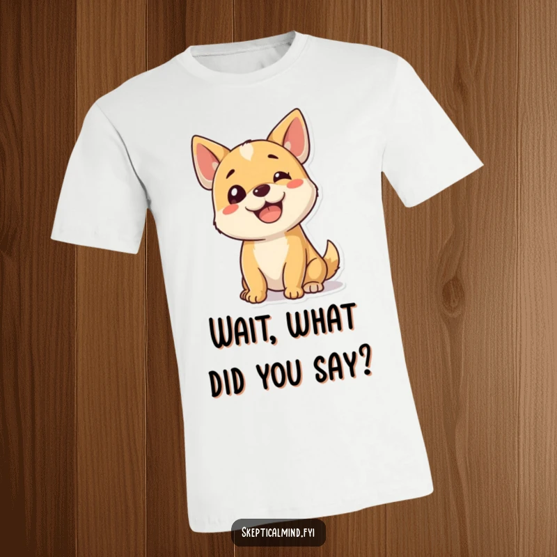 Funny dog t-shirt featuring a happy puppy tilting its head in a questioning pose, showcasing adorable confusion, great for dog lovers.