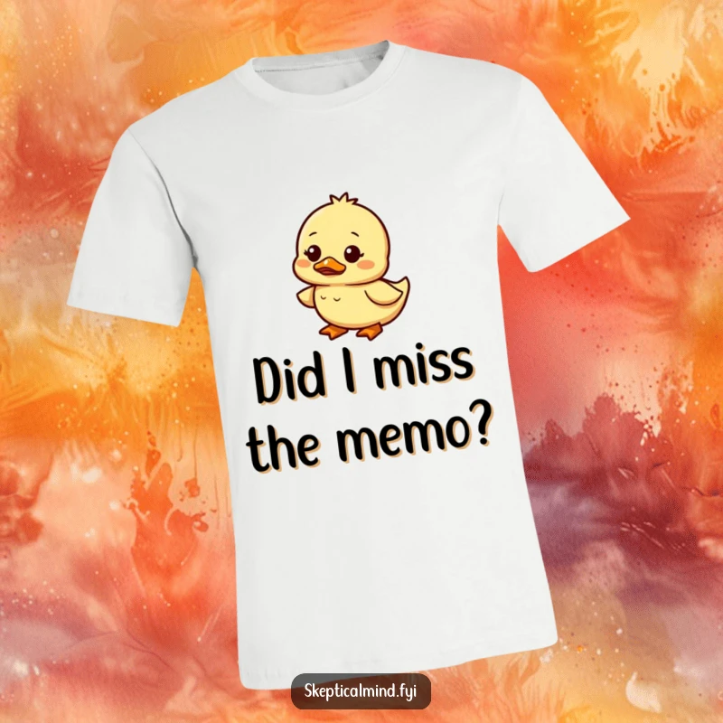 Funny duckling t-shirt featuring a small duckling waddling with a confused and amused expression, great for casual wear.