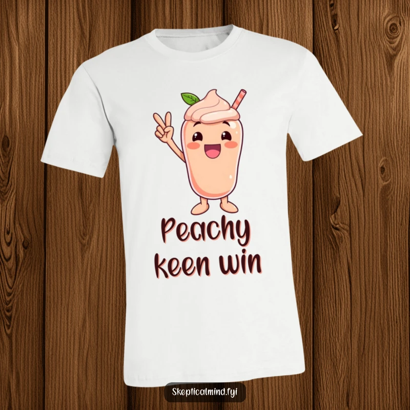 Funny t-shirt featuring an excited peach smoothie character in a dynamic victory pose, symbolizing success and achievement.