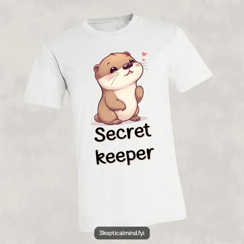 Funny T-shirt depicting a giggling otter with its head tilted, listening closely to a faint whisper, its expression one of pure delight.