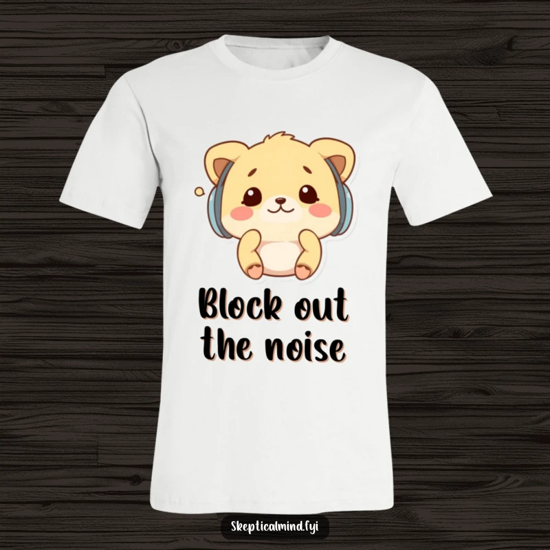 Funny t-shirt with a kawaii animal wearing earmuffs, shaking its head at a tiny whisper, representing the humorous act of ignoring distractions.